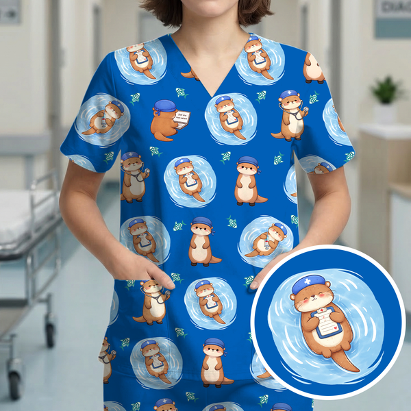 Otter Scrubs Shirt, Cute Animal Nurse Top, Blue Medical Uniform, Vet Tech Scrub, CNA Gift