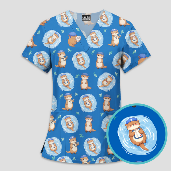 Otter Scrubs Shirt, Cute Animal Nurse Top, Blue Medical Uniform, Vet Tech Scrub, CNA Gift