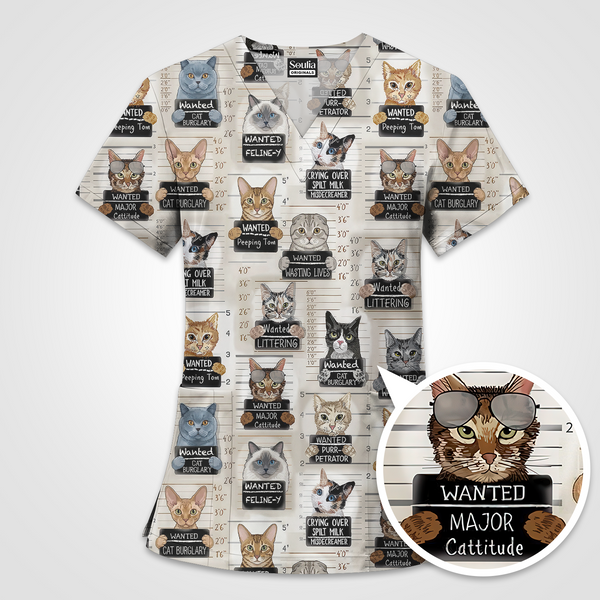 Funny Cat Scrubs Set – Cute “Wanted Cats” Nurse Uniform, Printed Scrub Top & Pants, Veterinary & Medical Staff Outfit