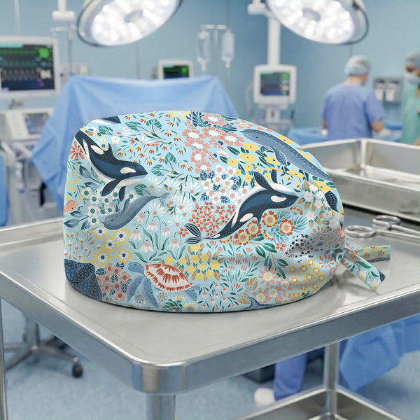Ocean Dolphin Scrub Cap – Cute Marine Animal Surgical Cap for Nurses, Adjustable Tie-Back Scrub Hat for Women & Healthcare Workers