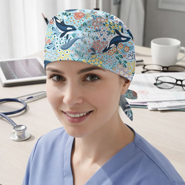 Ocean Dolphin Scrub Cap – Cute Marine Animal Surgical Cap for Nurses, Adjustable Tie-Back Scrub Hat for Women & Healthcare Workers