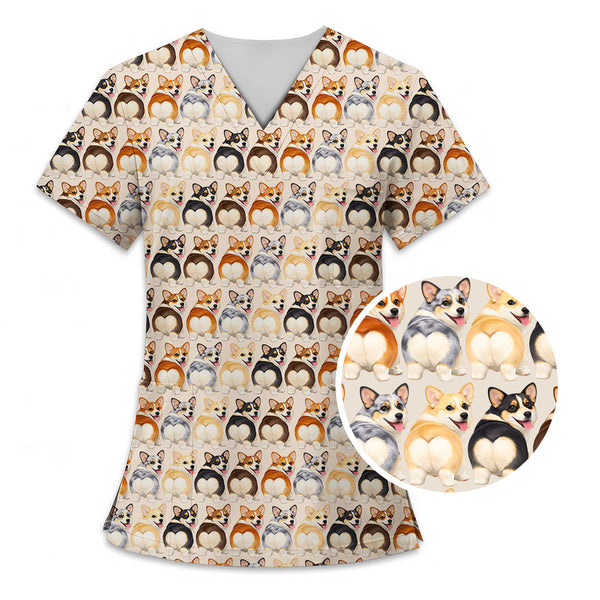 Cute Corgi Pattern Scrub Top – Dog Lover Nurse Scrubs for Healthcare Workers