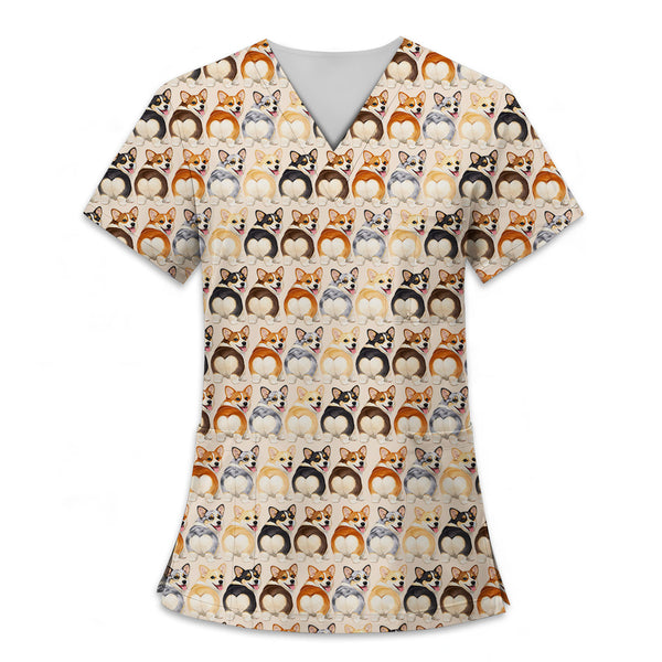 Cute Corgi Pattern Scrub Top – Dog Lover Nurse Scrubs for Healthcare Workers